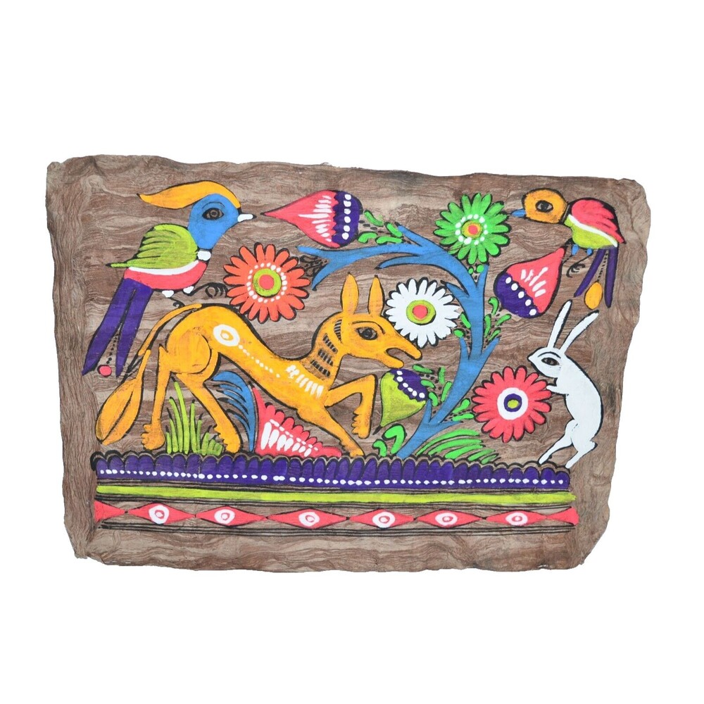 Vtg Mexican Folk Art Amate Bark Painting Bright Colors Flowers‎ Fox Rabbit bunny
